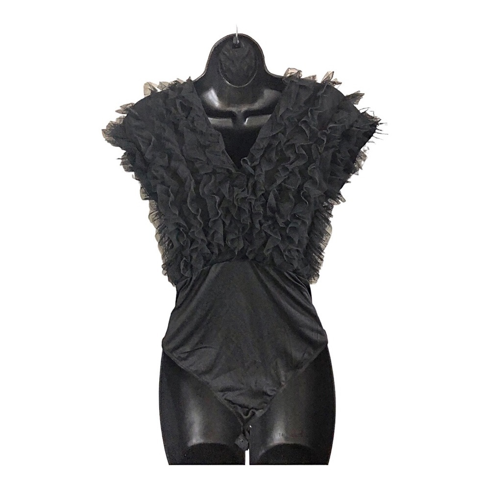 Ruffled Chiffon tulle plunge front black bodysuit size medium brand new - Picture 9 of 16